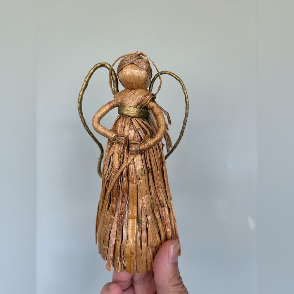 Vintage Christmas Handcrafted Straw Angel Figurine - Gold and Brown
